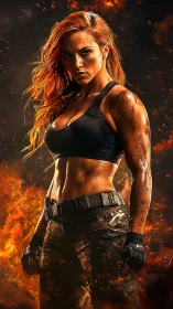 Battle-hardened warrior in blazing inferno portrait composition.