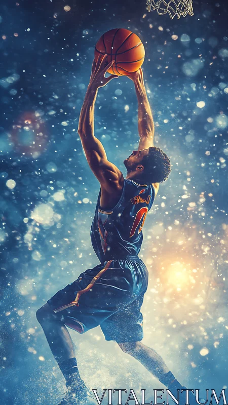 Basketball player jumps toward hoop with ball in both hands.