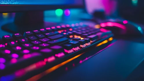 RGB backlit gaming keyboard in shallow focus perspective.