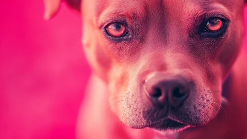 Close-up portrait of brown dog on uniform pink background.