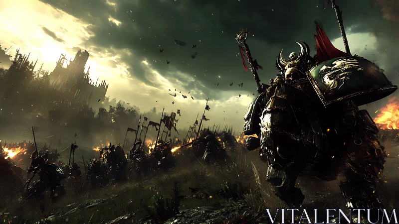 Storm-lit warrior commander leading a fierce fantasy charge.