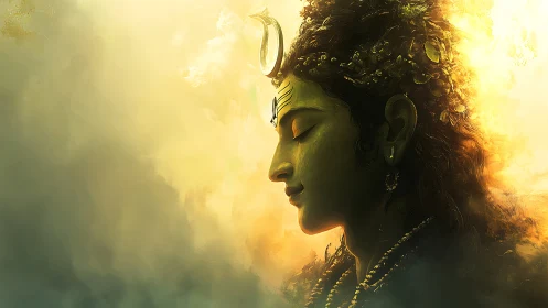 Serene divine portrait glowing within misty golden light.