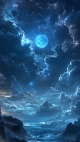 Luminous blue moon hangs above a stormy celestial ocean