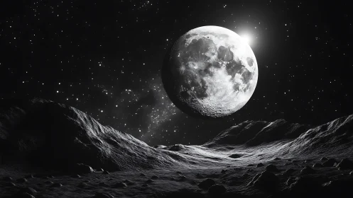 Quiet lunar horizon under a glowing moonlit sky.