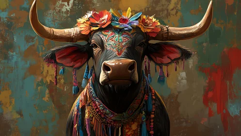 Floral crowned festival bull quietly rules a painted world