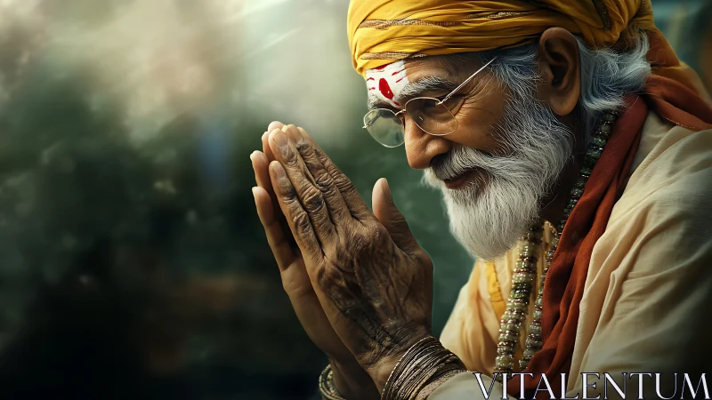 Elderly sage in prayerful profile rendered in photoreal detail