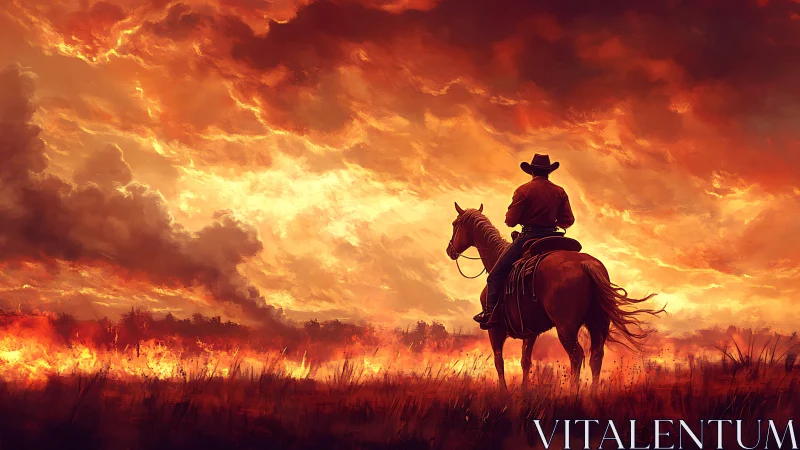 Lone rider watches a burning horizon under wildfire skies.