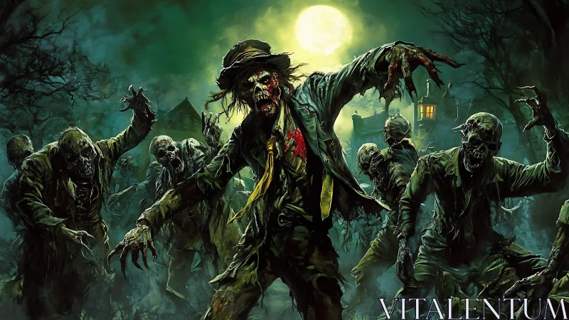 Undead figures advance toward viewer beneath full moon