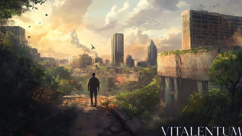 Lone wanderer greeting a sunlit, overgrown concrete kingdom.