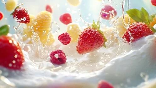 Juicy summer berries splashing into creamy fresh milk.