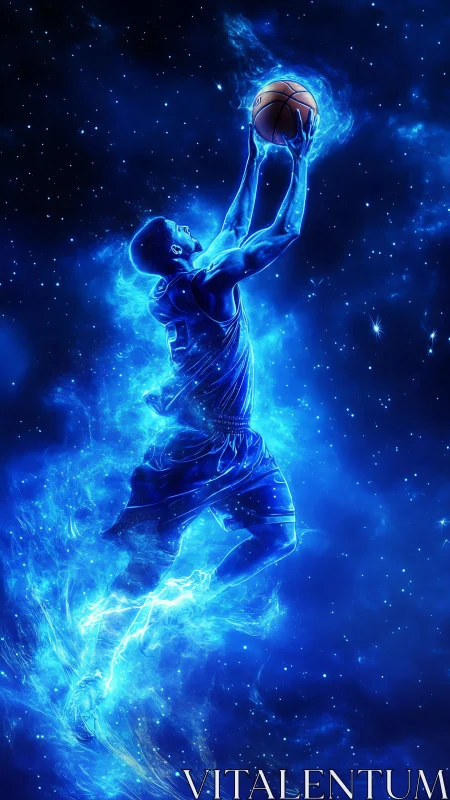 Basketball player silhouette in blue cosmic nebula field.