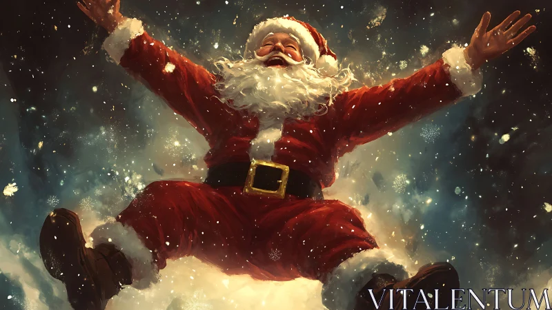 Joyful Santa soars through glowing winter night sky.