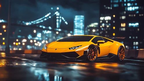 Yellow supercar on wet city street under neon night glow.