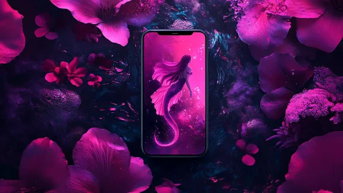 Smartphone screen displays stylized mermaid amid floral border
