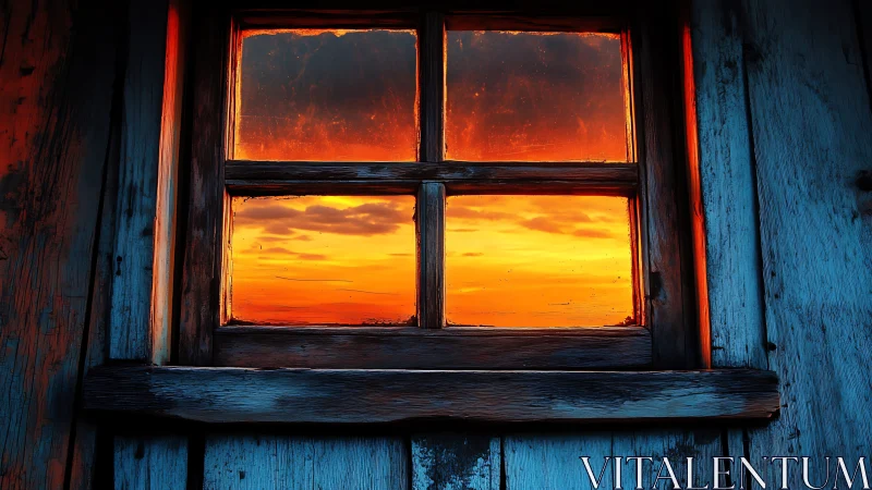 Photorealistic sunset framed by rustic wooden window grid.