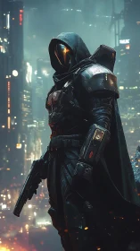 Hooded cybernetic ranger stands guard over neon city night