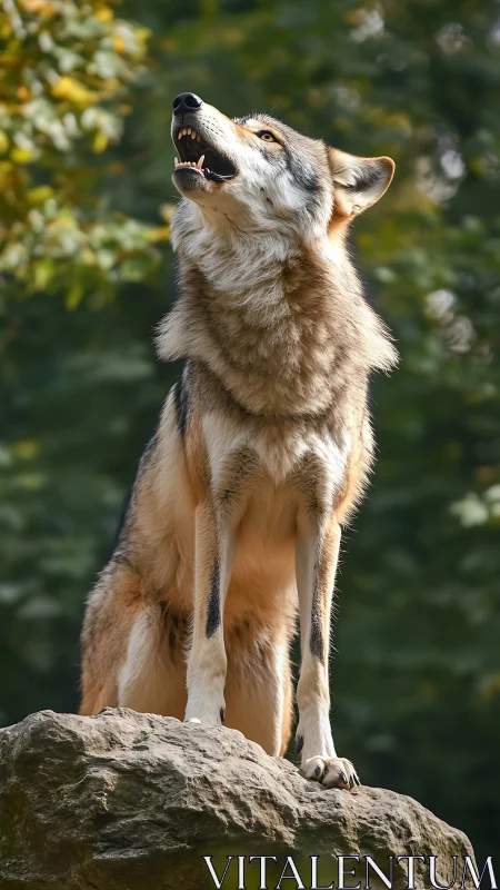 Grey wolf stands on rock, alert and looking upward.