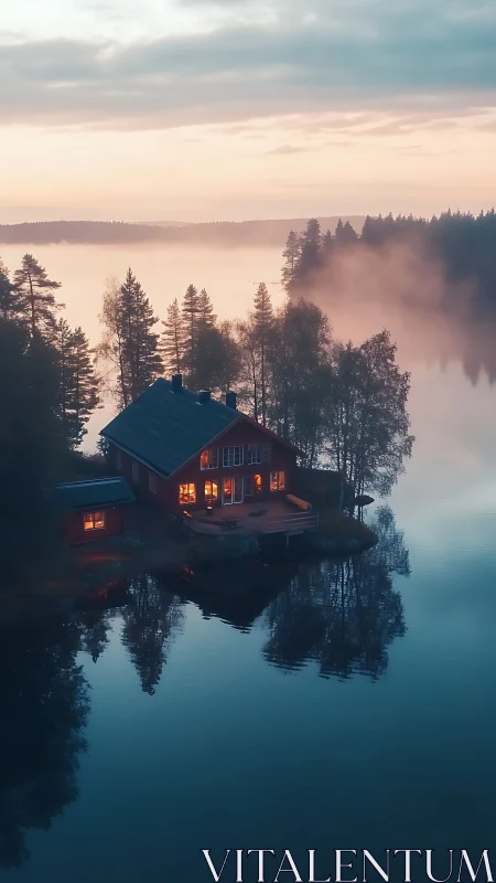 Red lakeside cabin with warm lights in misty evening calm.
