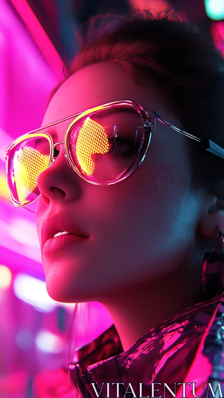 Neon-lit woman in reflective glasses studies glowing city