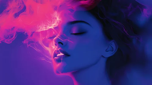 Neon-lit female profile merges with swirling pink vapor