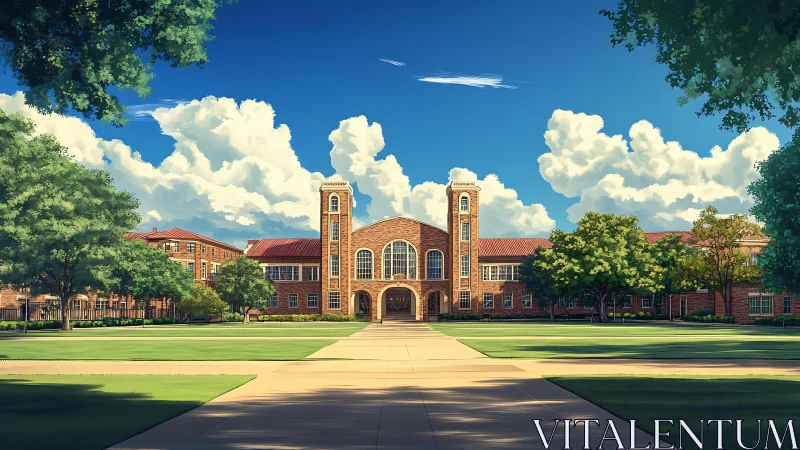 Red brick campus hall under vivid summer clouds at noon.