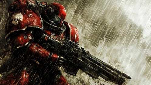 Armored space marine advances through relentless stormfire.