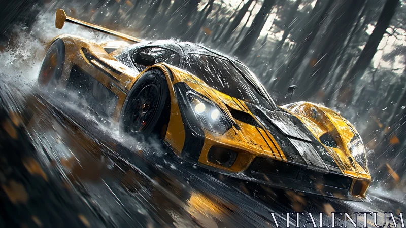 Yellow endurance racer slashing through storm-soaked forest.