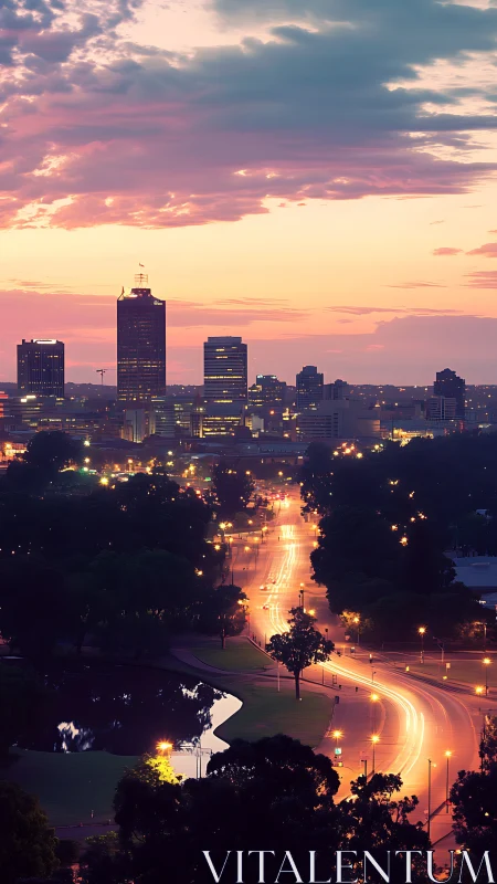 City skyline and curving arterial road at dusk