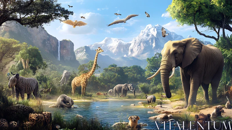 Savanna orchestra gathers at crystal river beneath peaks.