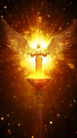 Golden winged statue on ornate pedestal with radiant light.