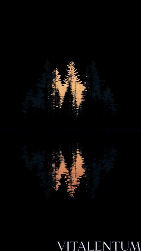 Golden Trees Mirrored by Water in Dark Forest Night