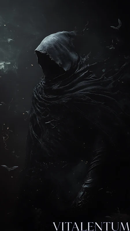 Shrouded wraith in tattered hooded cloak dissolves into darkness.