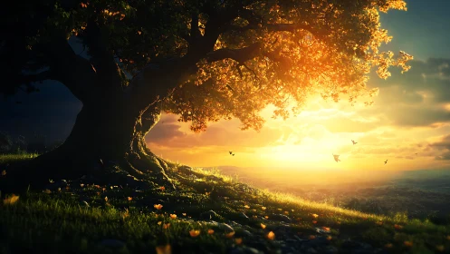 Sunlit guardian tree cradles a golden, dream-warm horizon.