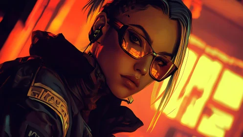 Cyberpunk operative with orange neon reflections in visor.