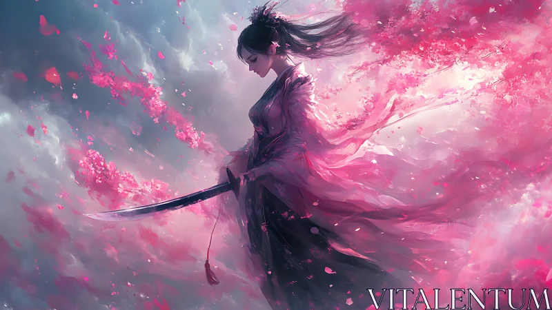 Serene sword maiden amid drifting cherry blossoms at dusk.
