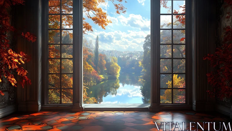 Grand window frames luminous autumn lake panorama.