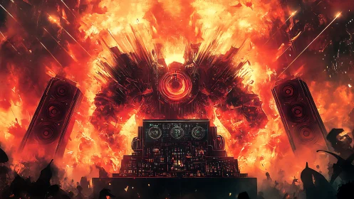 Colossal audio mech erupts from infernal stage in cyber battle