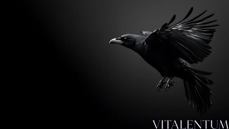 Corvid Specimen in Flight Against Neutral Gray Background.