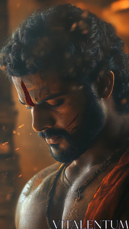 Warrior monk portrait in ember-lit dramatic profile.