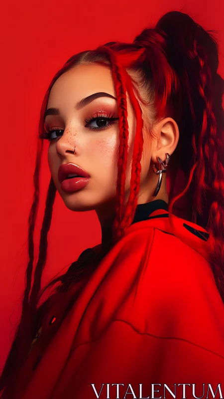 Digital portrait red-haired girl in bold monochrome red.