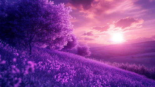 Iridescent magenta hillside landscape captures stylized sunset glow
