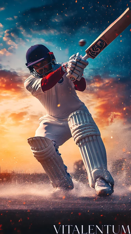 Sunset-charged cricket batter carving sparks through dust.