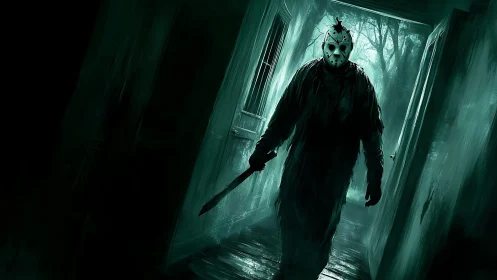 Masked killer stalks dark hallway toward viewer with blade