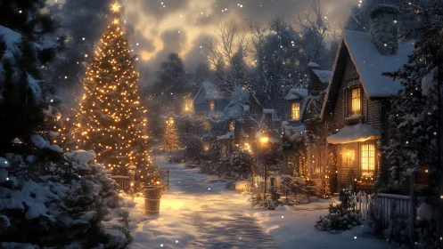 Snow-laden village lane glows under ornate Christmas lighting