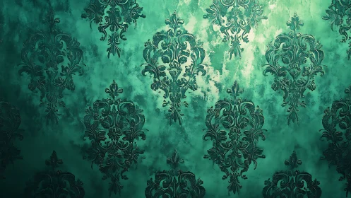 Ornate teal damask patterns drift across glowing patina