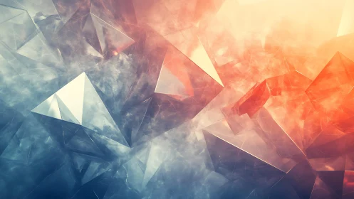 Abstract geometric crystals in blue and orange light digital art.