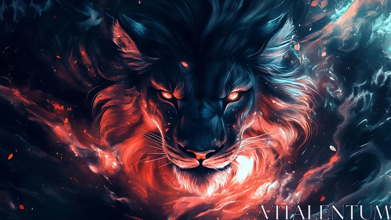 Fiery neon lion erupts from swirling cosmic darkness