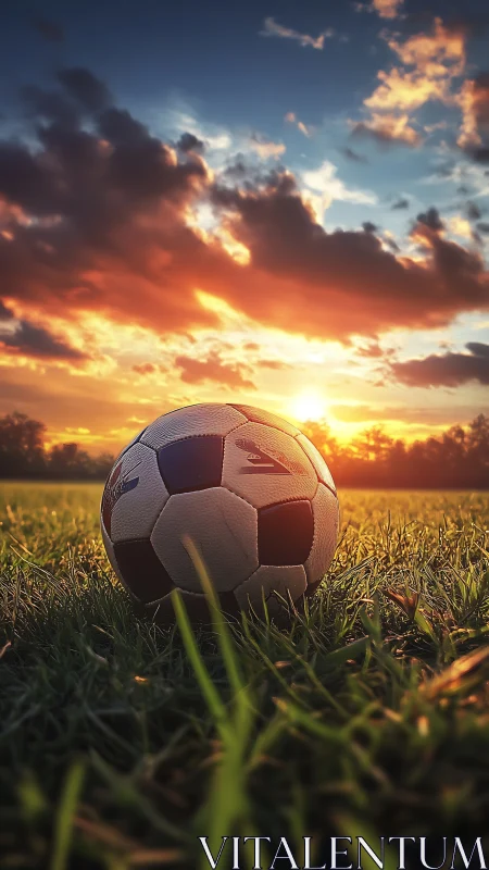 Low-angle football field study under high-dynamic sunset sky.