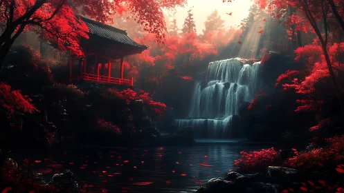 Red maple shrine overlooks tiered waterfall in misty forest