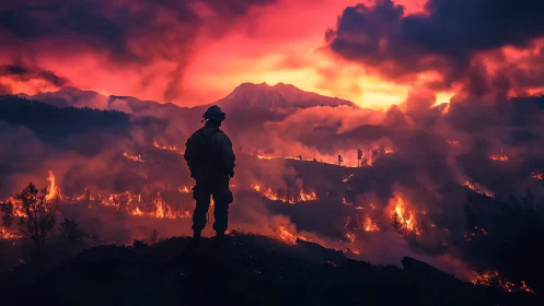Firefighter Silhouette Observing Massive Wildfire Landscape.